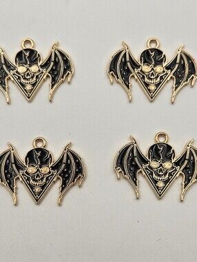 4 Pc Gold Black Enamel Bat Skull Charms Gothic Halloween Pendant Jewelry Making